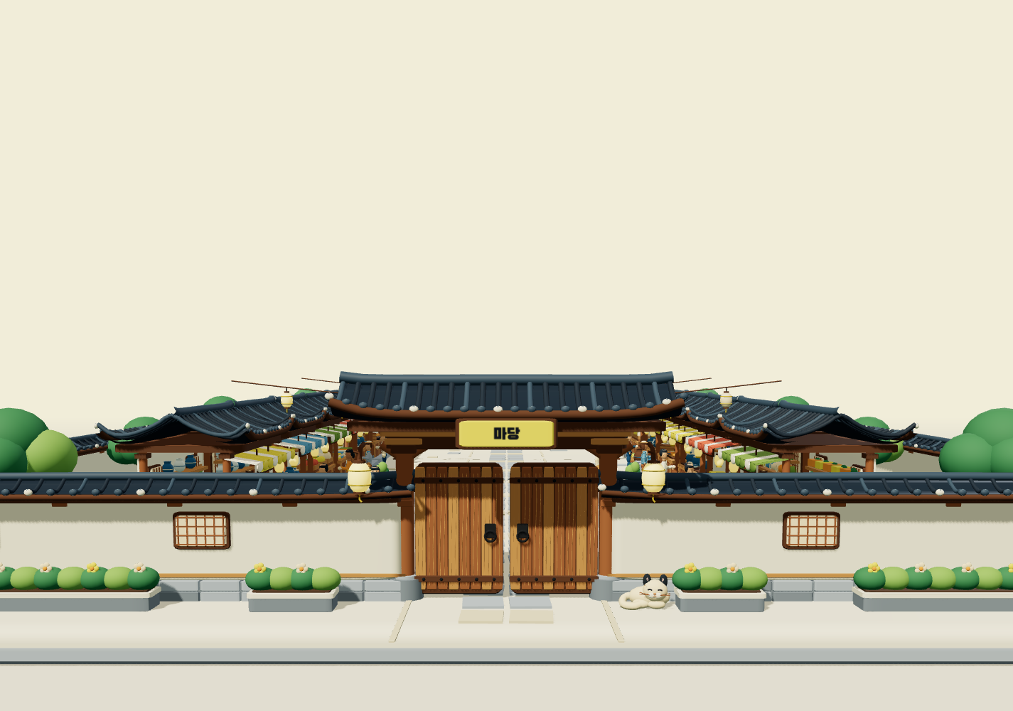 The Madang courtyard bazaar behind its tiled gate, with shops on either side and a small cream cat.