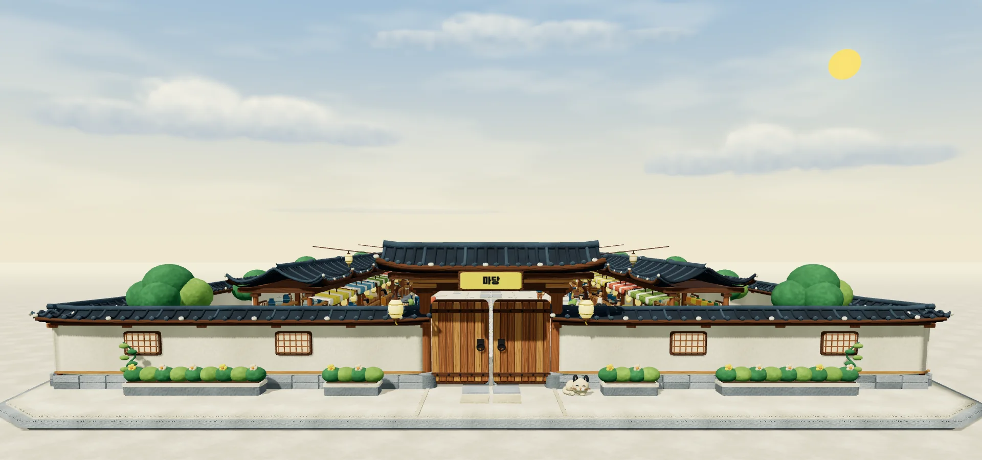The Madang courtyard bazaar behind its tiled gate, with shops on either side and a small cream cat.
